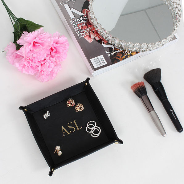 girls black monogrammed valet tray with makeup