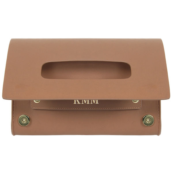 monogrammed brown clutch closing