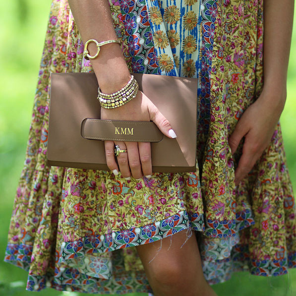 brown foil stamped clutch with boho dress
