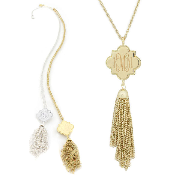 monogrammed quatrefoil tassel necklaces