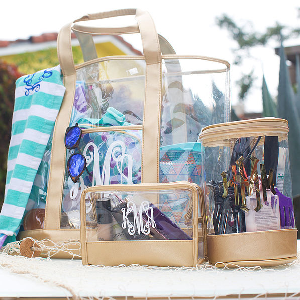 clear monogrammed bag set with gold
