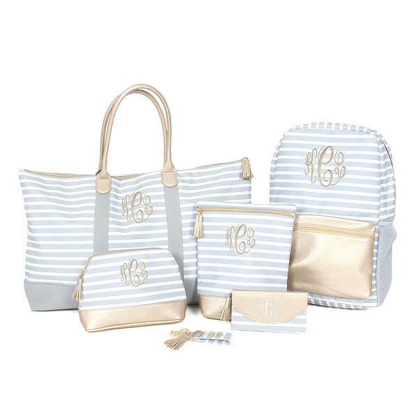 Monogrammed Travel Bag collection in gray stripe