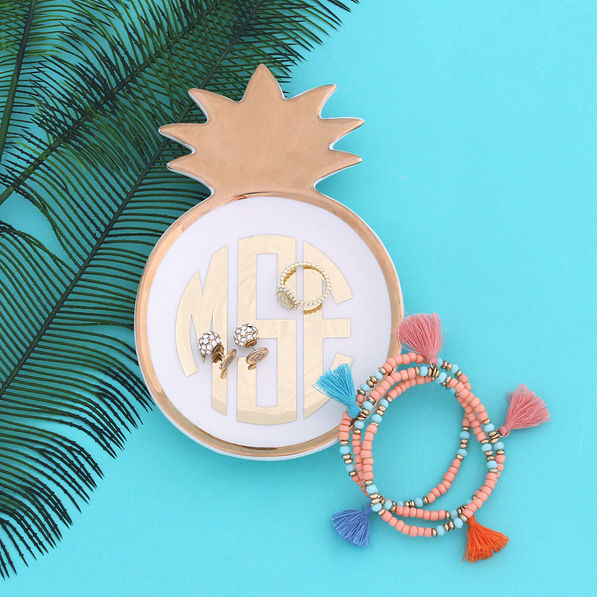 fun bracelets and earrings with pineapple monogrammed tray