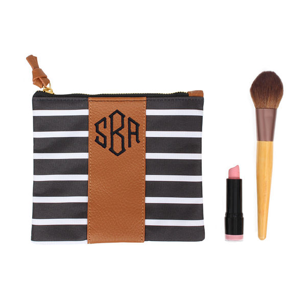 Leather Makeup Zip Pouch with Black Initials