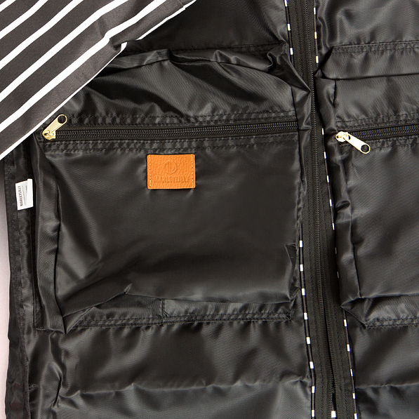 inside the Monogrammed Garment Bag in black and white stripes