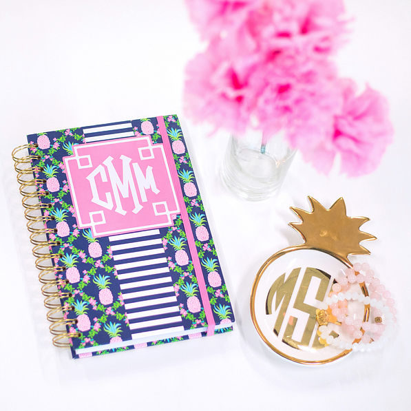 pink and navy monogrammed pineapple notebook