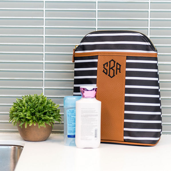 Monogrammed Shampoo Bag in bathroom with toiletries
