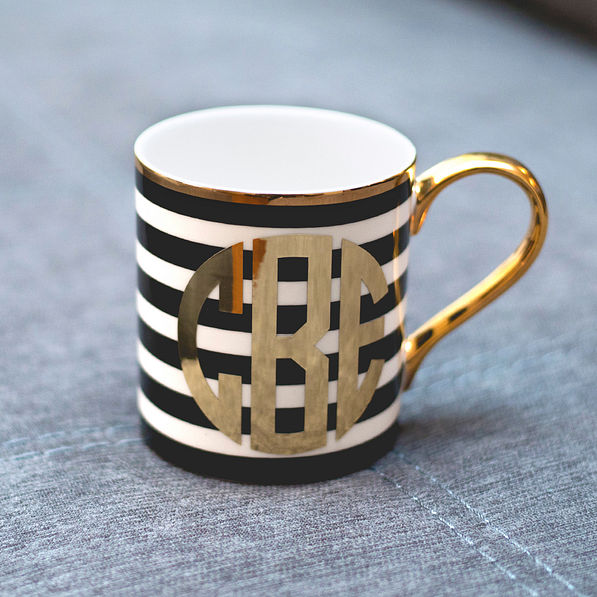 Black and white stripe gold monogrammed mug