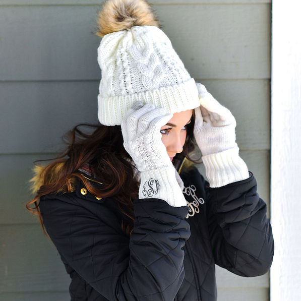 Stylish cream hat with fuzz ball and cuffed personalized glvoes