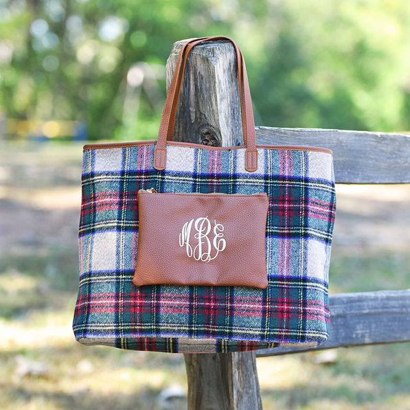 Plaid side of personalized reversible overnight tote bag