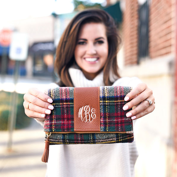 Monogrammed foldover clutch in camel plaid