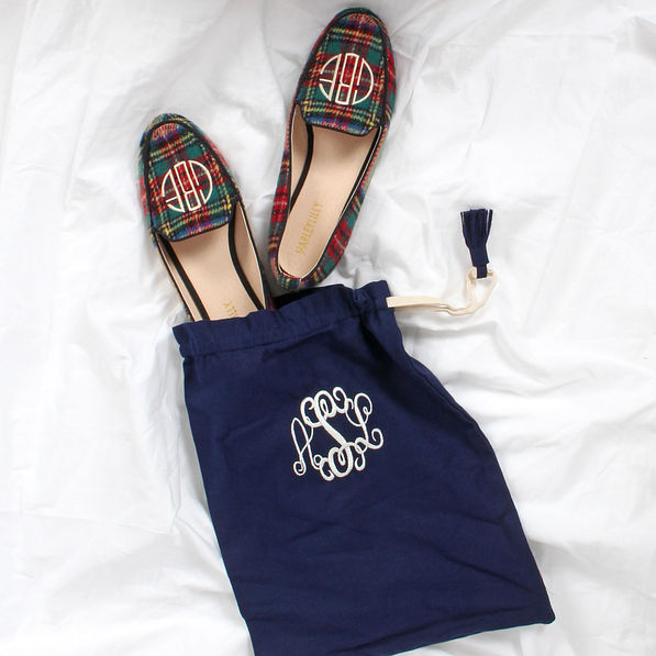 personalized shoe bag for traveling with plaid loafers