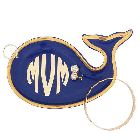 Monogrammed Ceramic Whale Tray in navy and gold with jewelry
