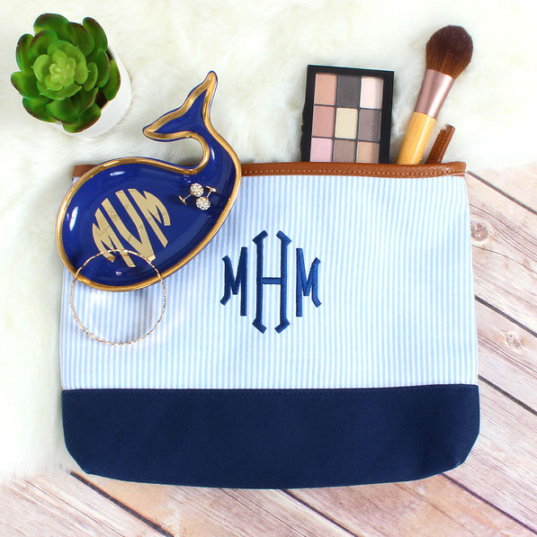 Navy and Gold personalized ceramic whale tray with cosmetic bag