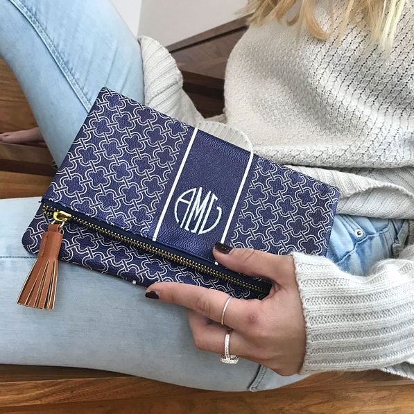Navy Quatrefoil Monogrammed Clutch