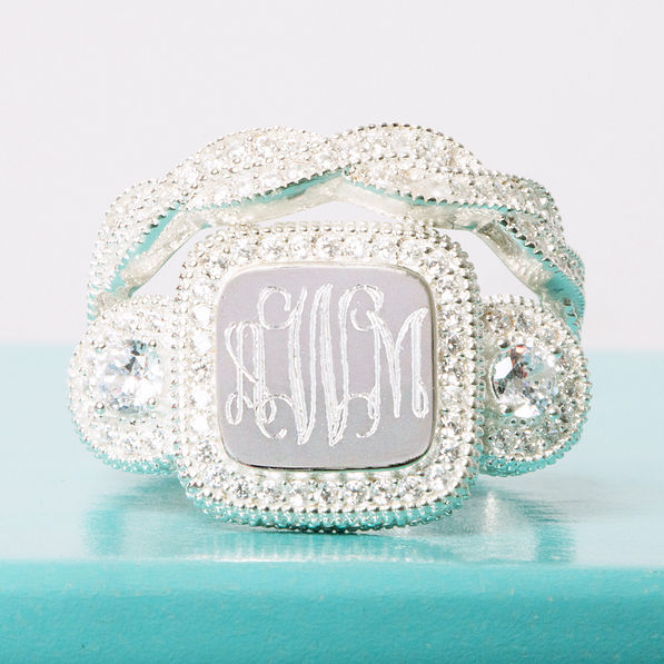 Sterling silver twisted monogrammed ring with diamonds