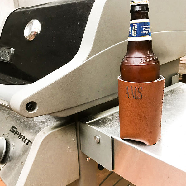 monogrammed brown leather koolie with bottle