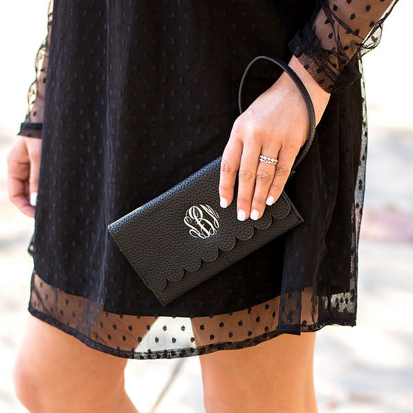 Black Wristlet Scalloped Monogrammed Wallet