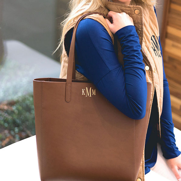 Monogrammed Leather Tote Bag