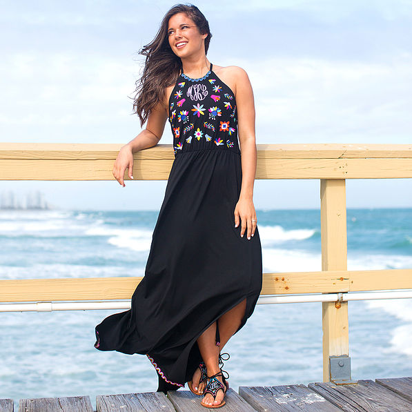 embroidered patterned monogrammed black maxi dress at the beach