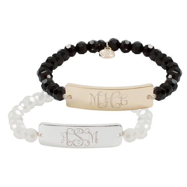 monogrammed gold and black and silver and white beaded bracelets