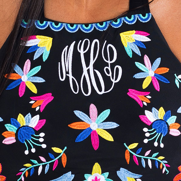 close up of embroidery on a Monogrammed Mexicali High Neck Bikini Top