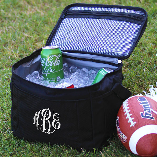 monogrammed cooler with can drinks