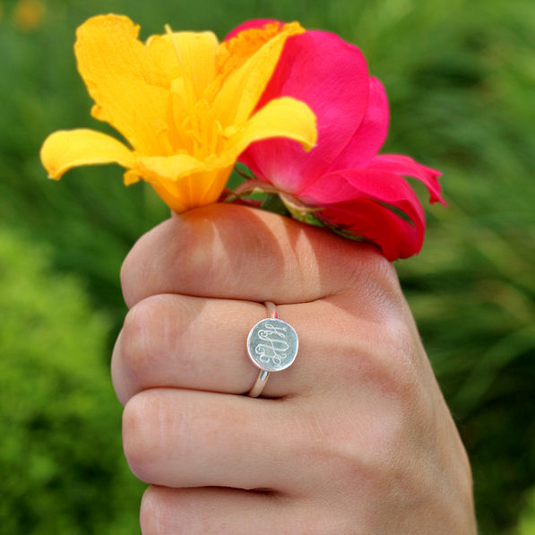 Monogrammed Silver Ring With Flowers