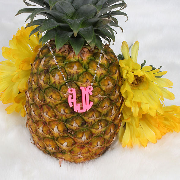 Flamingo Pink Acrylic Monogrammed Necklace with Silver Chain Pineapple