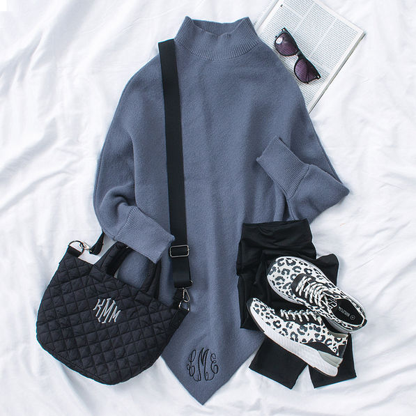 blue slate monogrammed poncho with sneakers ootd