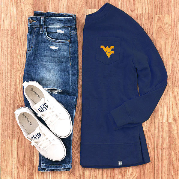outfit with navy coastal crewneck with West Virginia Mountaineers logo