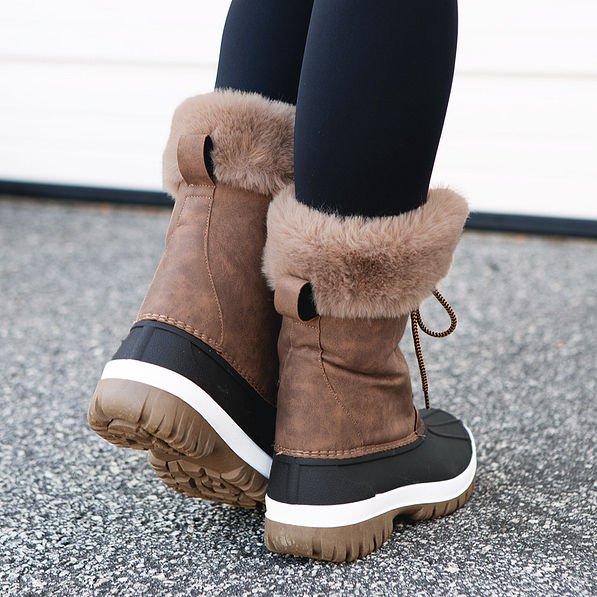 back of brown snow duck boots