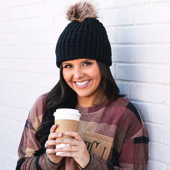 black chunky knit beanie with coffee