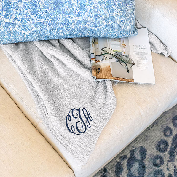 Grey Personalized Cozy Blanket with Navy Monogram