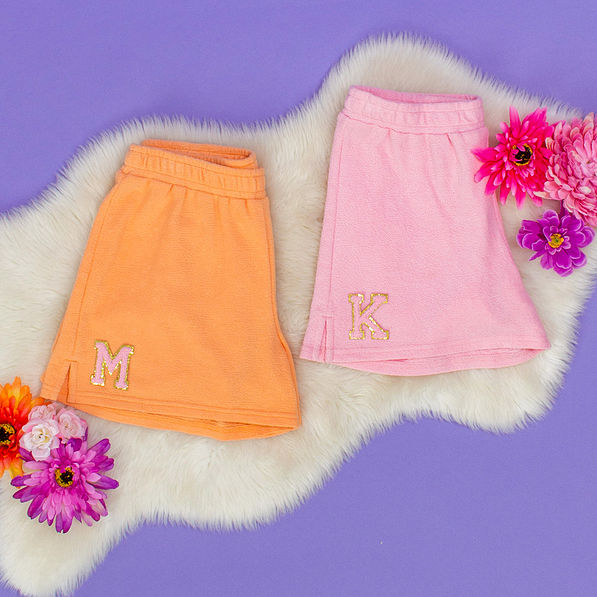 small chenille letters on shorts - pink