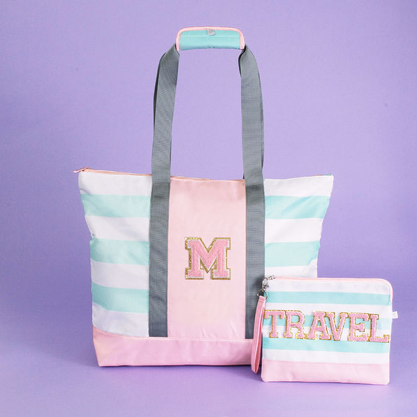 cabana large zip top tote and wristlet with pink chenille large patches