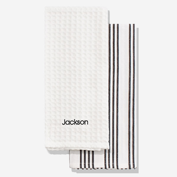 dish towel set in black with embroidered name