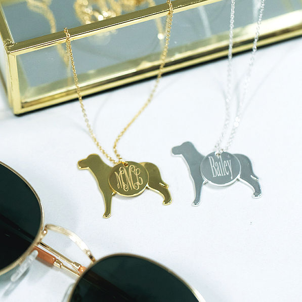 monogrammed dog charm necklace in gold and silver by jewelry box