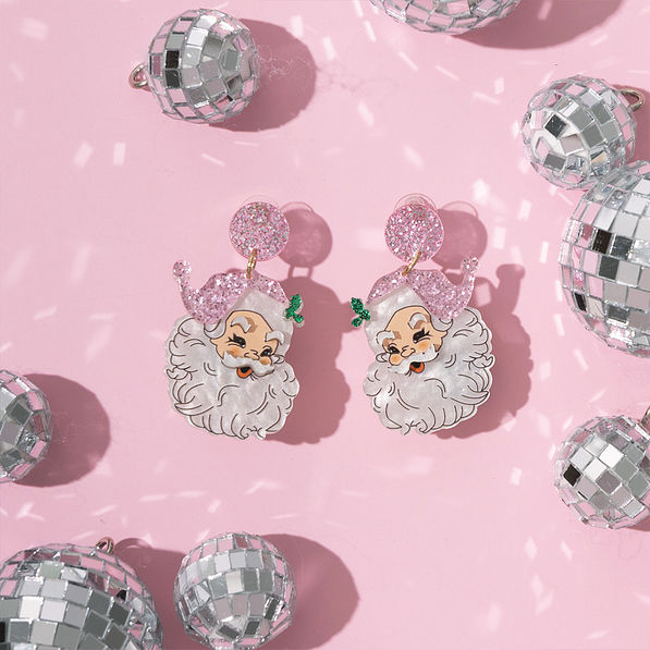 santa earrings in pink with disco