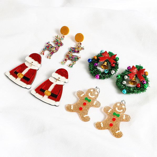 christmas earrings - santa, gingerbread, wreath, and reindeer