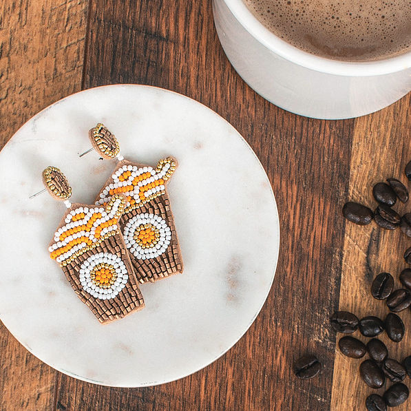 pumpkin spice earrings with coffee cup and beans