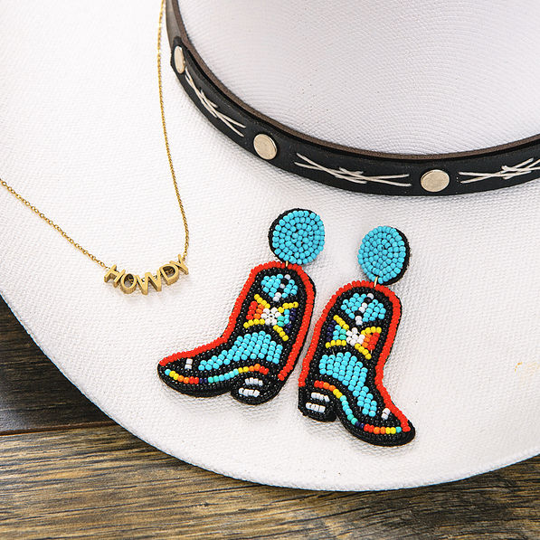 DIY Necklace and Cowboy boot earrings on cowboy hat