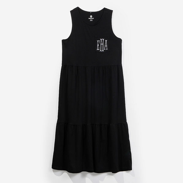monogrammed ruffle midi dress in black