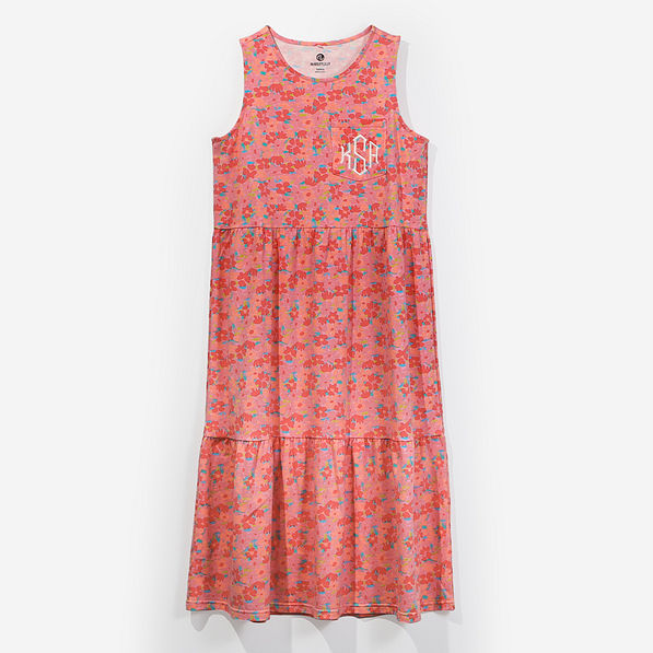 monogrammed ruffle midi dress in rosewood