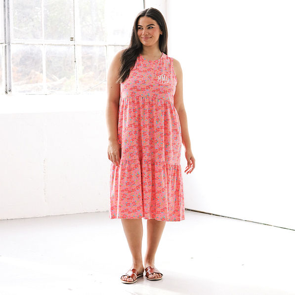 rosewood monogrammed ruffle midi dress on plus size model