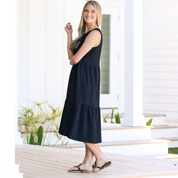 side of personalized black ruffle midi dress