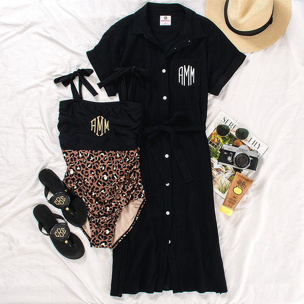 monogrammed breezy cover up in black styled with one piece bathing suit