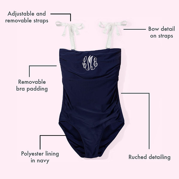 navy one piece bathing suit infographic - pink background