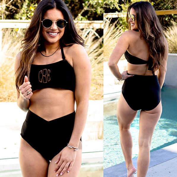 front and back of high waisted bikini bottoms in black on brunette