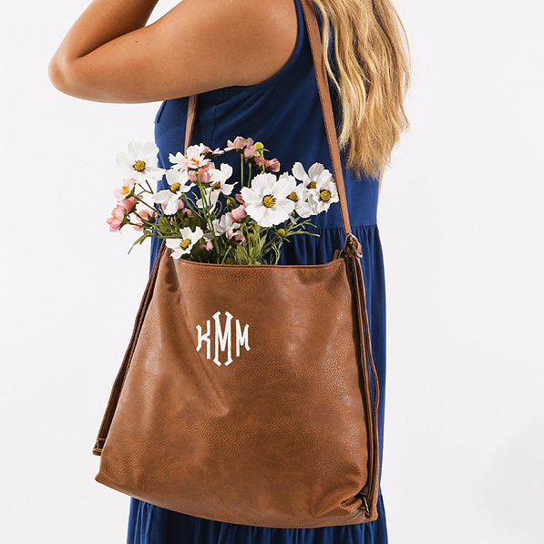 convertible backpack on shoulder with flowers